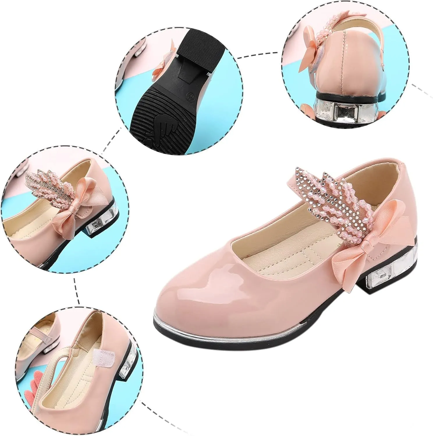 Girls Mary Jane Shoes Toddler Bowknot Pearl Flower Dress Shoes Low Heel Slip on Wedding Party Ballet Flats