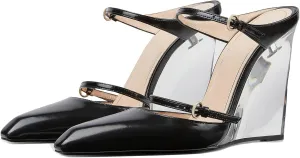 Goolita Clear Wedge Heels for Women, Closed Pointed Toe Mule Heels with Buckle Strap Sexy Backless Slip On Party Evening Shoes