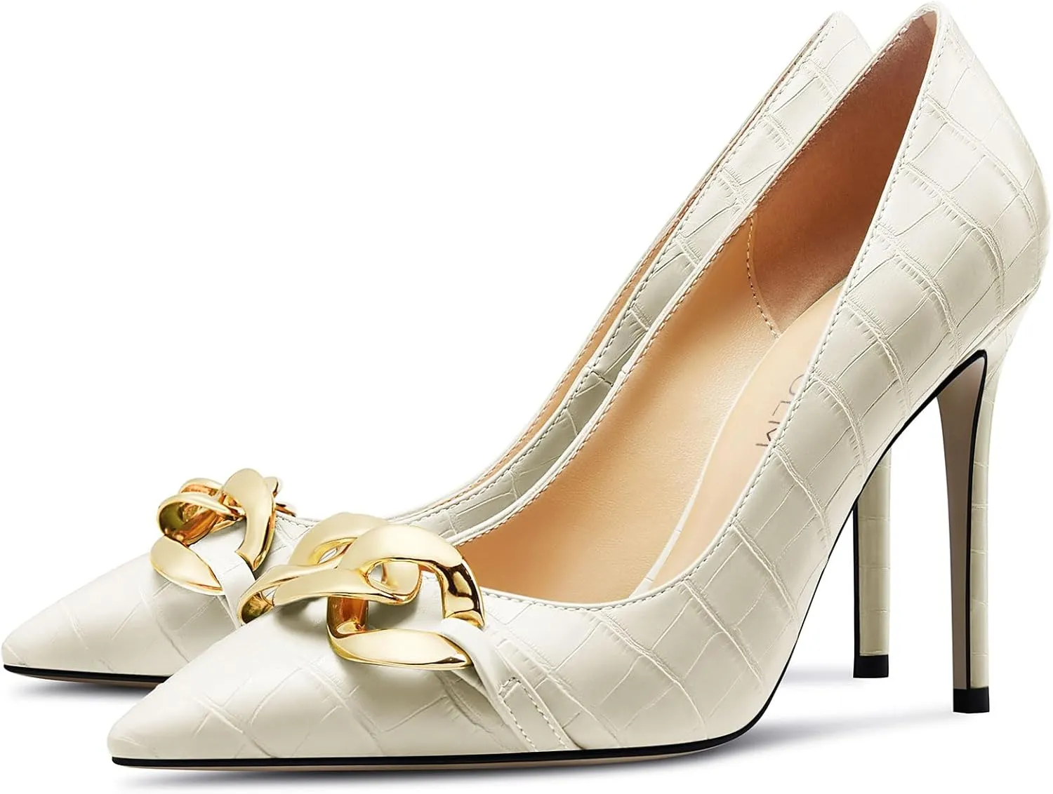 HDEUOLM Womens Stiletto High Heel Pointed Toe Pumps Slip-on Metal Chain Office Basic Classic 3.9 Inches Heels