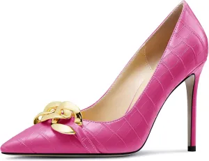 HDEUOLM Womens Stiletto High Heel Pointed Toe Pumps Slip-on Metal Chain Office Basic Classic 3.9 Inches Heels