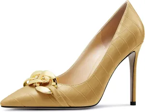 HDEUOLM Womens Stiletto High Heel Pointed Toe Pumps Slip-on Metal Chain Office Basic Classic 3.9 Inches Heels