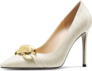 HDEUOLM Womens Stiletto High Heel Pointed Toe Pumps Slip-on Metal Chain Office Basic Classic 3.9 Inches Heels