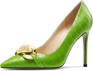 HDEUOLM Womens Stiletto High Heel Pointed Toe Pumps Slip-on Metal Chain Office Basic Classic 3.9 Inches Heels