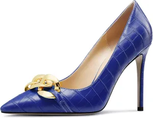 HDEUOLM Womens Stiletto High Heel Pointed Toe Pumps Slip-on Metal Chain Office Basic Classic 3.9 Inches Heels