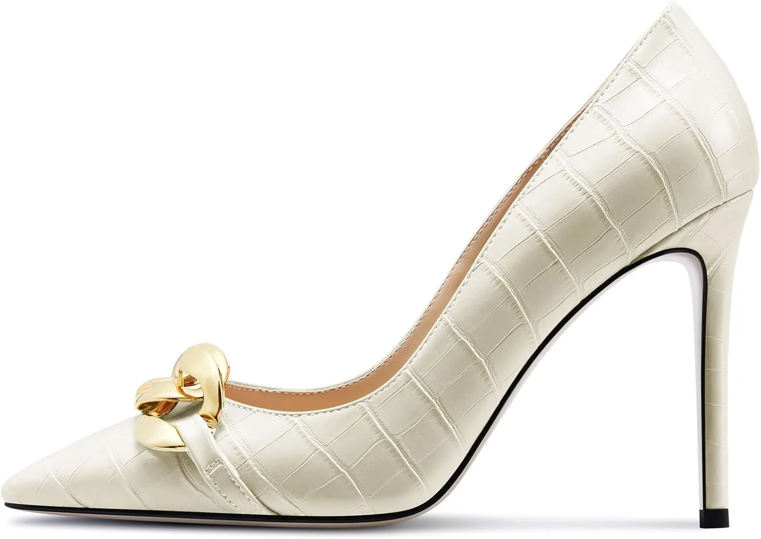 HDEUOLM Womens Stiletto High Heel Pointed Toe Pumps Slip-on Metal Chain Office Basic Classic 3.9 Inches Heels