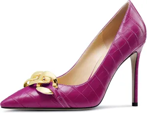 HDEUOLM Womens Stiletto High Heel Pointed Toe Pumps Slip-on Metal Chain Office Basic Classic 3.9 Inches Heels
