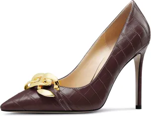 HDEUOLM Womens Stiletto High Heel Pointed Toe Pumps Slip-on Metal Chain Office Basic Classic 3.9 Inches Heels