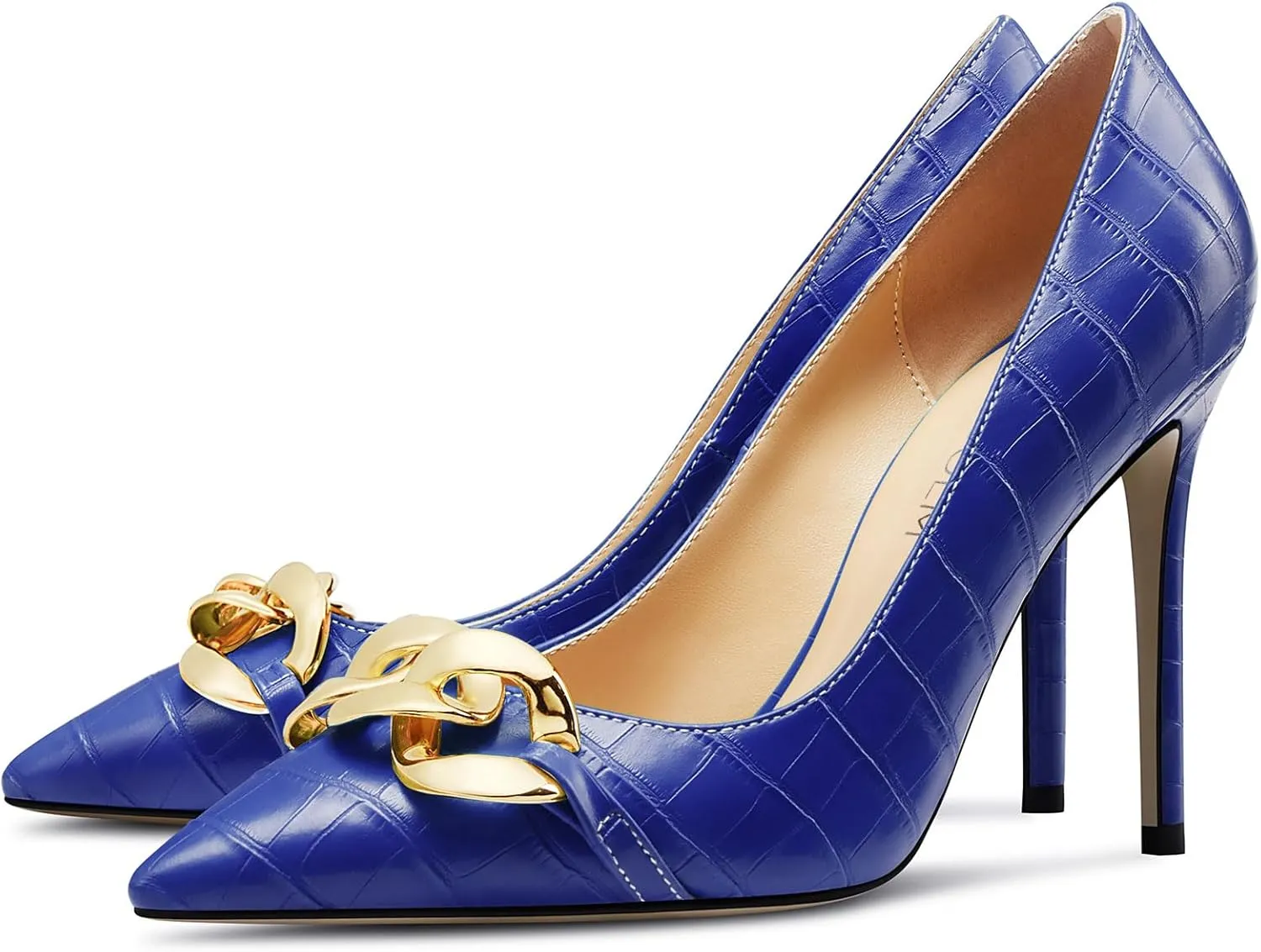 HDEUOLM Womens Stiletto High Heel Pointed Toe Pumps Slip-on Metal Chain Office Basic Classic 3.9 Inches Heels