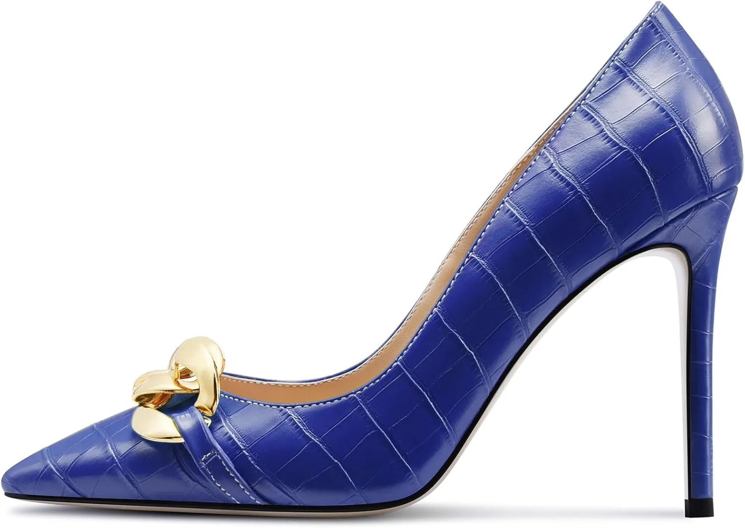 HDEUOLM Womens Stiletto High Heel Pointed Toe Pumps Slip-on Metal Chain Office Basic Classic 3.9 Inches Heels