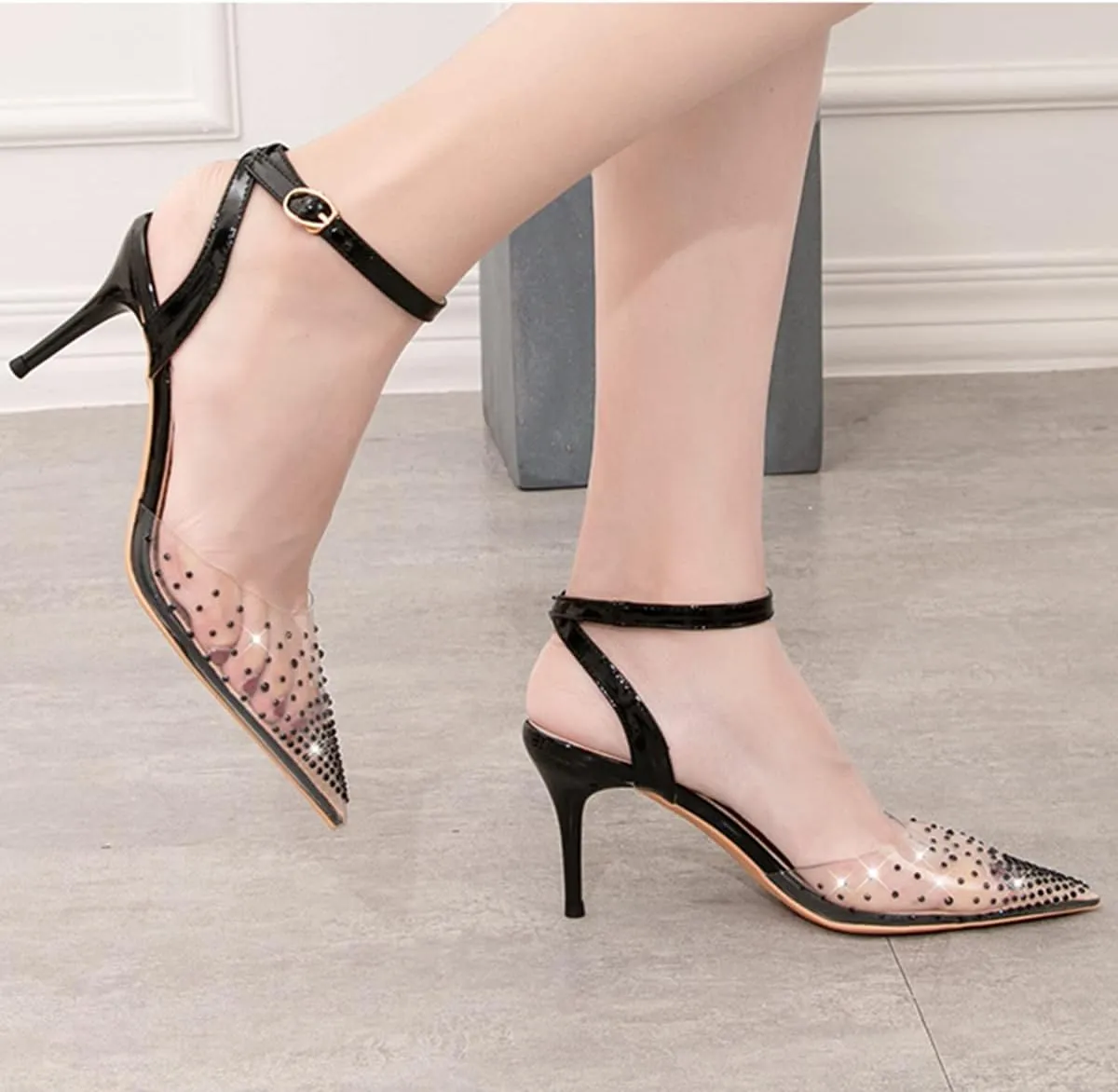 JOEupin Rhinestone Pointed Toe Silver High Heel Sandals Women Crystal Transparent Party Wedding Shoes
