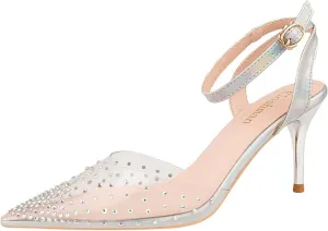 JOEupin Rhinestone Pointed Toe Silver High Heel Sandals Women Crystal Transparent Party Wedding Shoes