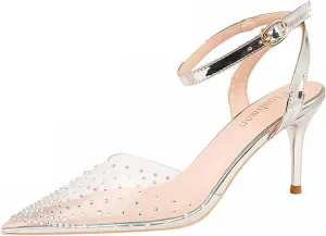 JOEupin Rhinestone Pointed Toe Silver High Heel Sandals Women Crystal Transparent Party Wedding Shoes