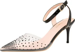 JOEupin Rhinestone Pointed Toe Silver High Heel Sandals Women Crystal Transparent Party Wedding Shoes
