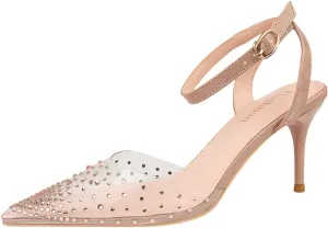 JOEupin Rhinestone Pointed Toe Silver High Heel Sandals Women Crystal Transparent Party Wedding Shoes