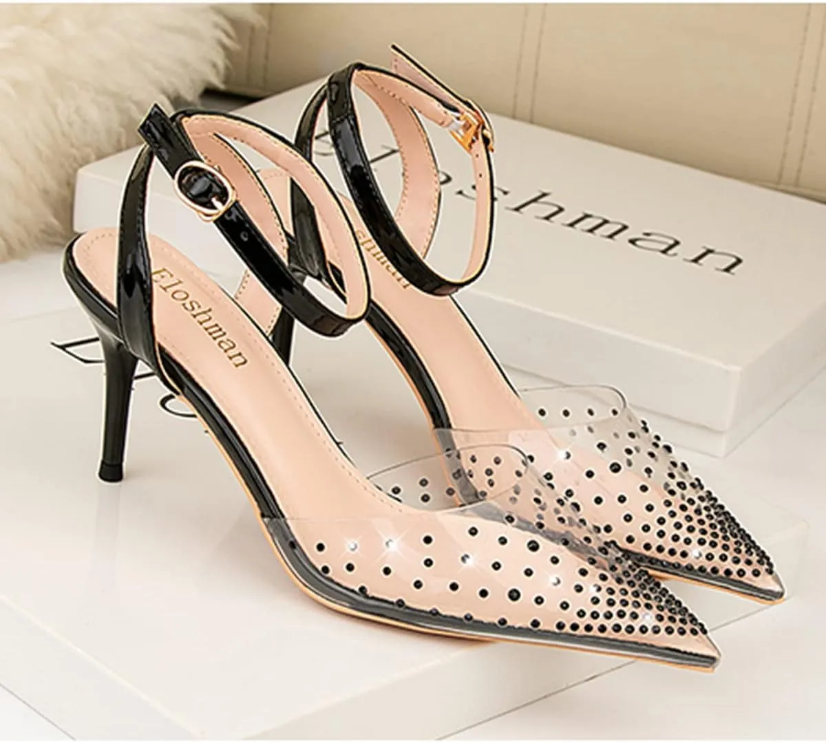 JOEupin Rhinestone Pointed Toe Silver High Heel Sandals Women Crystal Transparent Party Wedding Shoes