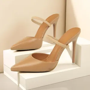 JOEupin Women High Heeled Mules Strappy Pointed Toe Mules Stiletto High Heels Slip On Sandals