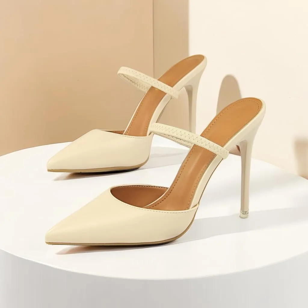 JOEupin Women High Heeled Mules Strappy Pointed Toe Mules Stiletto High Heels Slip On Sandals