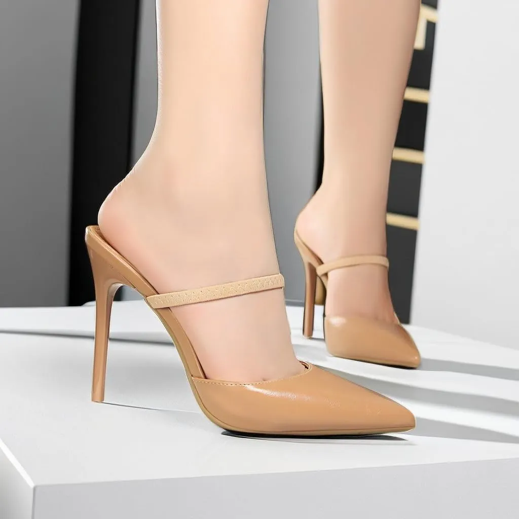 JOEupin Women High Heeled Mules Strappy Pointed Toe Mules Stiletto High Heels Slip On Sandals