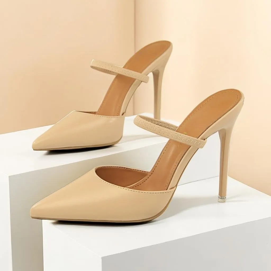JOEupin Women High Heeled Mules Strappy Pointed Toe Mules Stiletto High Heels Slip On Sandals