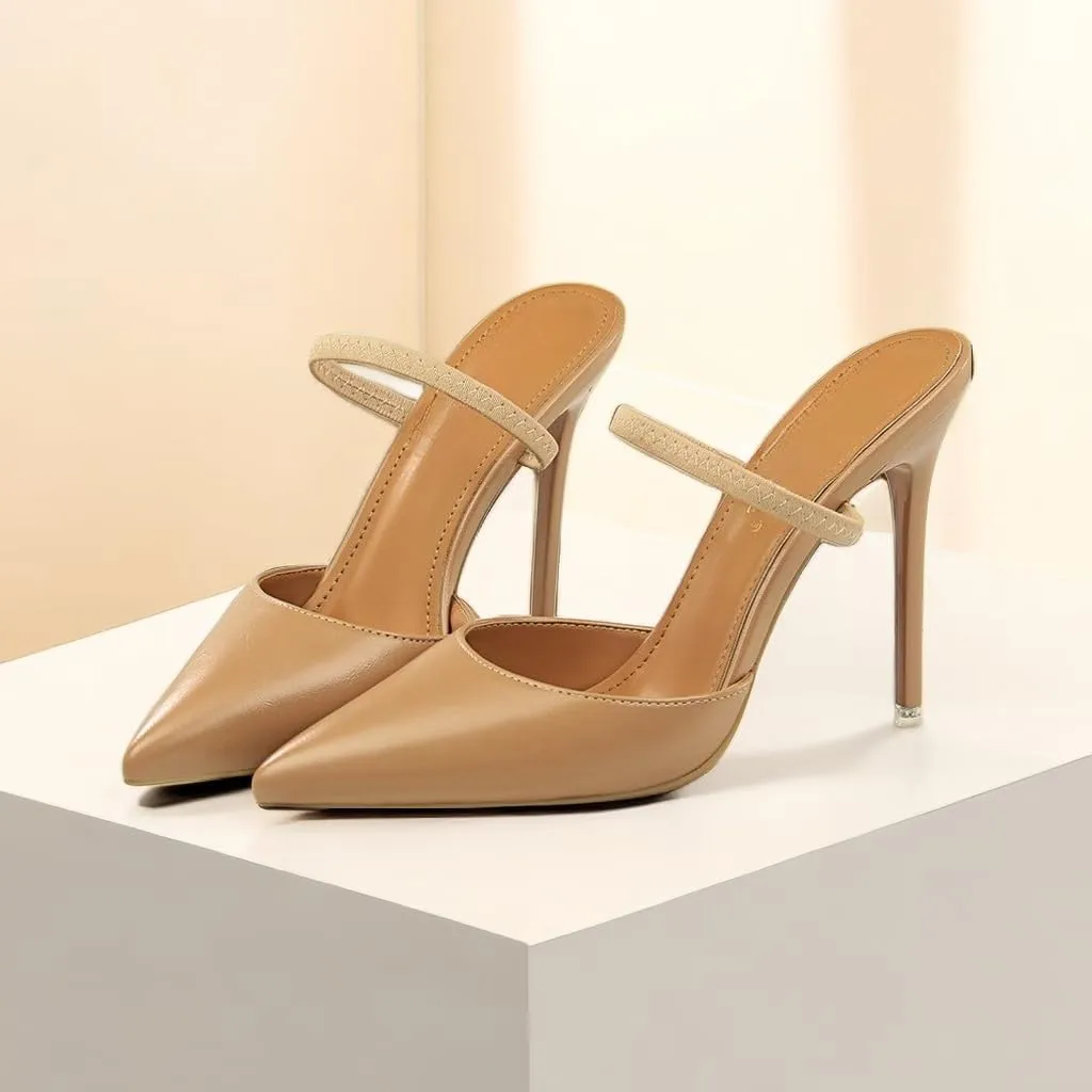 JOEupin Women High Heeled Mules Strappy Pointed Toe Mules Stiletto High Heels Slip On Sandals