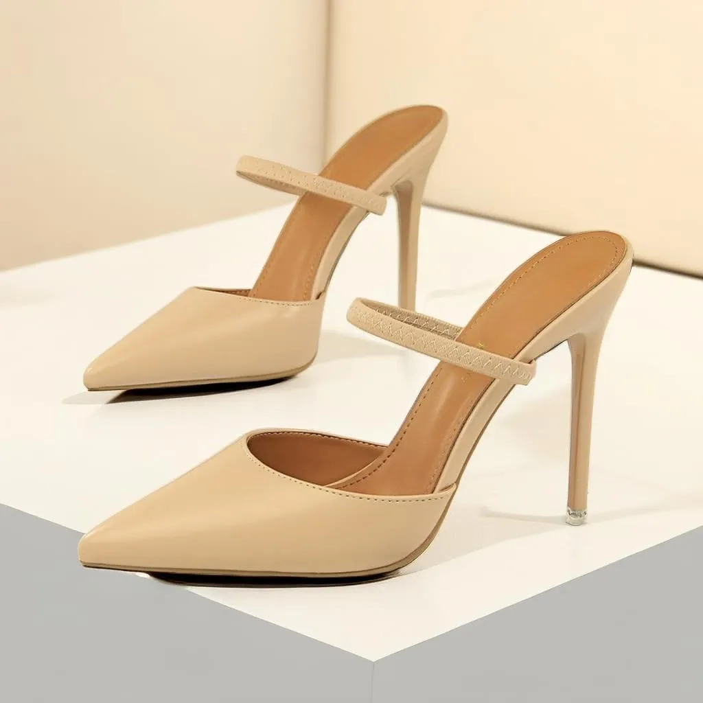 JOEupin Women High Heeled Mules Strappy Pointed Toe Mules Stiletto High Heels Slip On Sandals