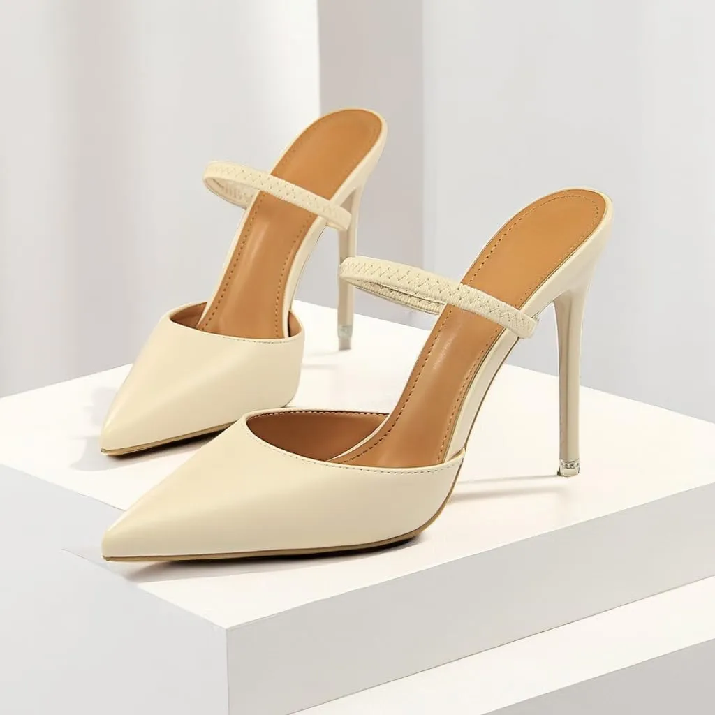 JOEupin Women High Heeled Mules Strappy Pointed Toe Mules Stiletto High Heels Slip On Sandals