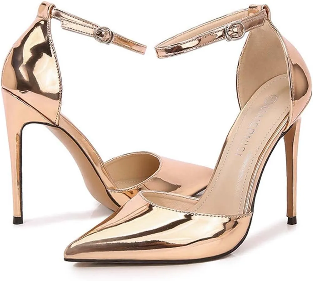 JOEupin Women's Metalic Pointed Toe Ankle Strap High Stiletto Heels Pumps D'Orsay Dress Party Heeled Sandals