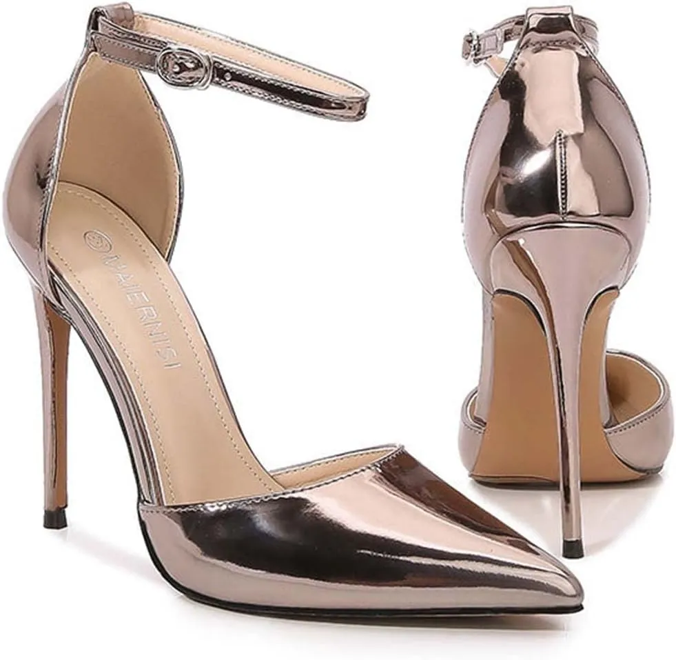 JOEupin Women's Metalic Pointed Toe Ankle Strap High Stiletto Heels Pumps D'Orsay Dress Party Heeled Sandals