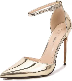 JOEupin Women's Metalic Pointed Toe Ankle Strap High Stiletto Heels Pumps D'Orsay Dress Party Heeled Sandals