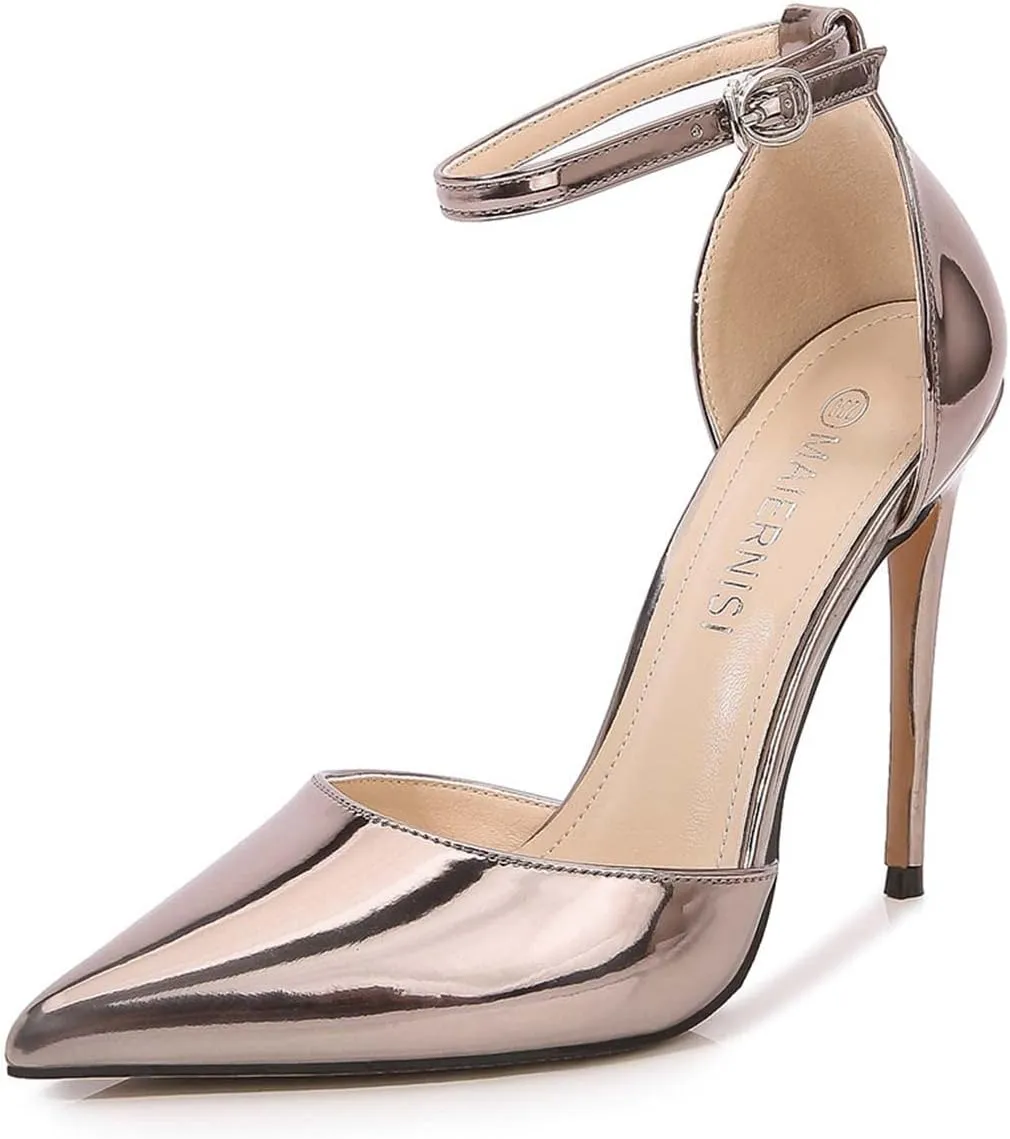 JOEupin Women's Metalic Pointed Toe Ankle Strap High Stiletto Heels Pumps D'Orsay Dress Party Heeled Sandals