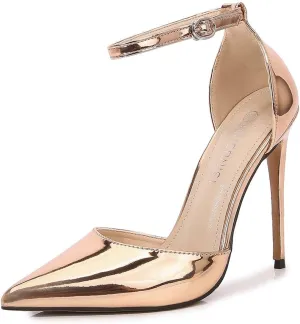 JOEupin Women's Metalic Pointed Toe Ankle Strap High Stiletto Heels Pumps D'Orsay Dress Party Heeled Sandals