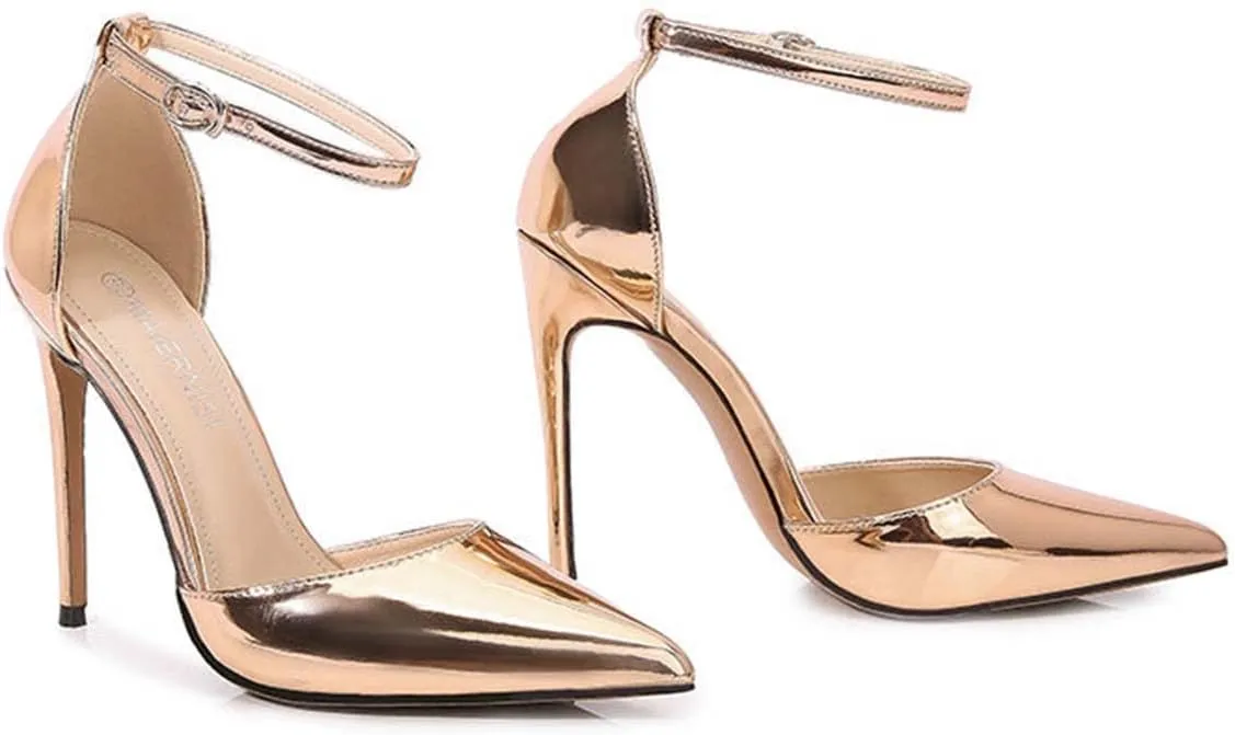JOEupin Women's Metalic Pointed Toe Ankle Strap High Stiletto Heels Pumps D'Orsay Dress Party Heeled Sandals