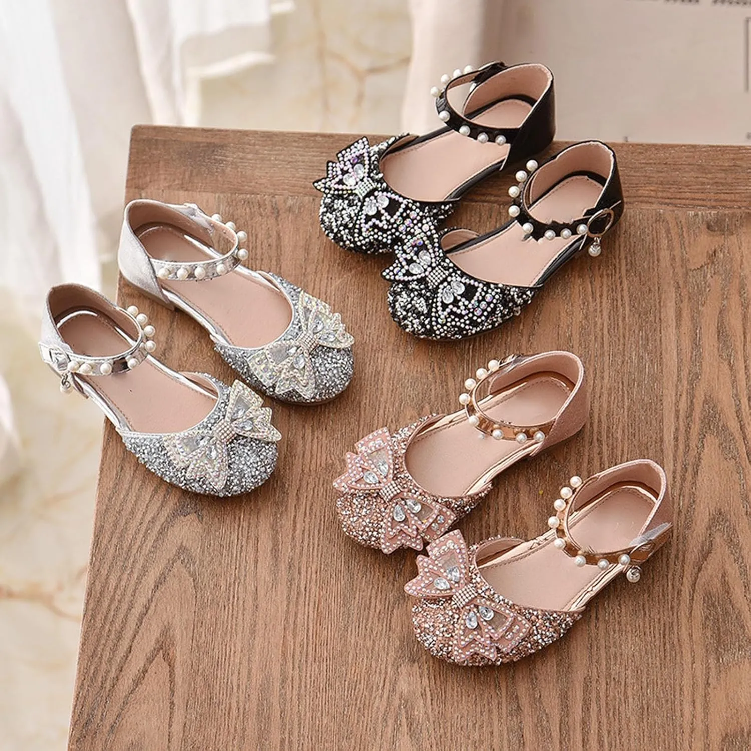 Kid Girls Mary Jane Ballerina Shoes with Pearl Ballet Sequined Shoes Wedding Dress Slip on Shoes for Toddler Girl