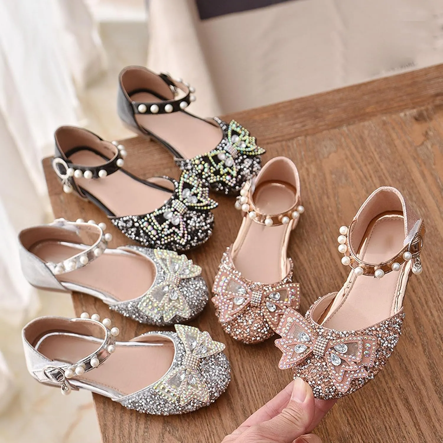 Kid Girls Mary Jane Ballerina Shoes with Pearl Ballet Sequined Shoes Wedding Dress Slip on Shoes for Toddler Girl