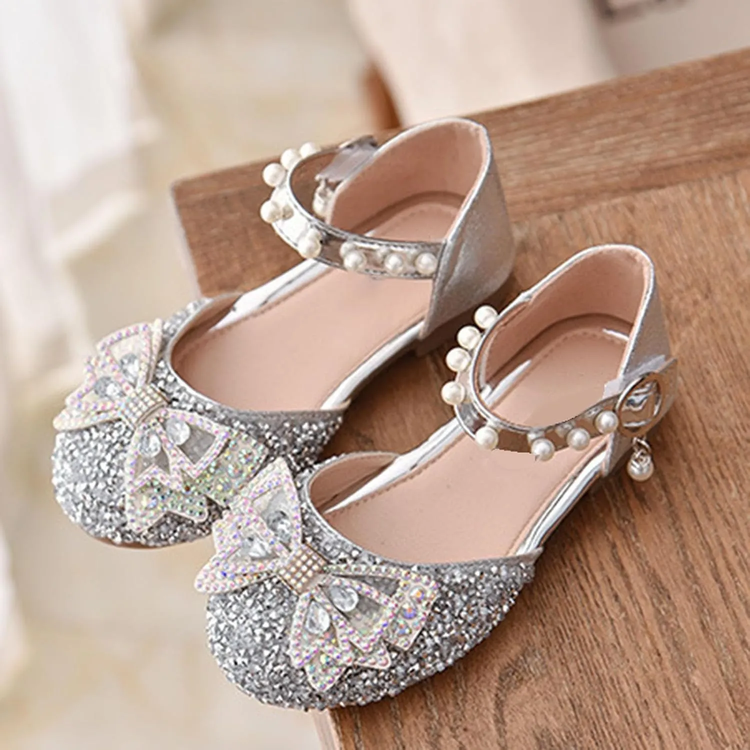 Kid Girls Mary Jane Ballerina Shoes with Pearl Ballet Sequined Shoes Wedding Dress Slip on Shoes for Toddler Girl