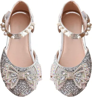 Kid Girls Mary Jane Ballerina Shoes with Pearl Ballet Sequined Shoes Wedding Dress Slip on Shoes for Toddler Girl