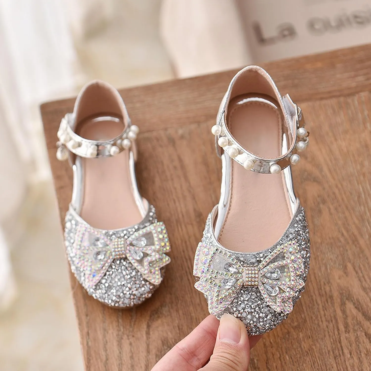 Kid Girls Mary Jane Ballerina Shoes with Pearl Ballet Sequined Shoes Wedding Dress Slip on Shoes for Toddler Girl