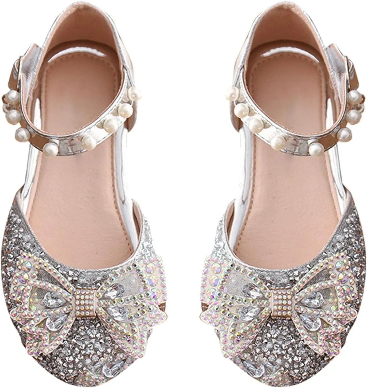 Kid Girls Mary Jane Ballerina Shoes with Pearl Ballet Sequined Shoes Wedding Dress Slip on Shoes for Toddler Girl