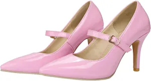 KOKOMOMO Womens Patent Mary Jane Heels Pointed Toe High Heel Pumps with Ankle Strap
