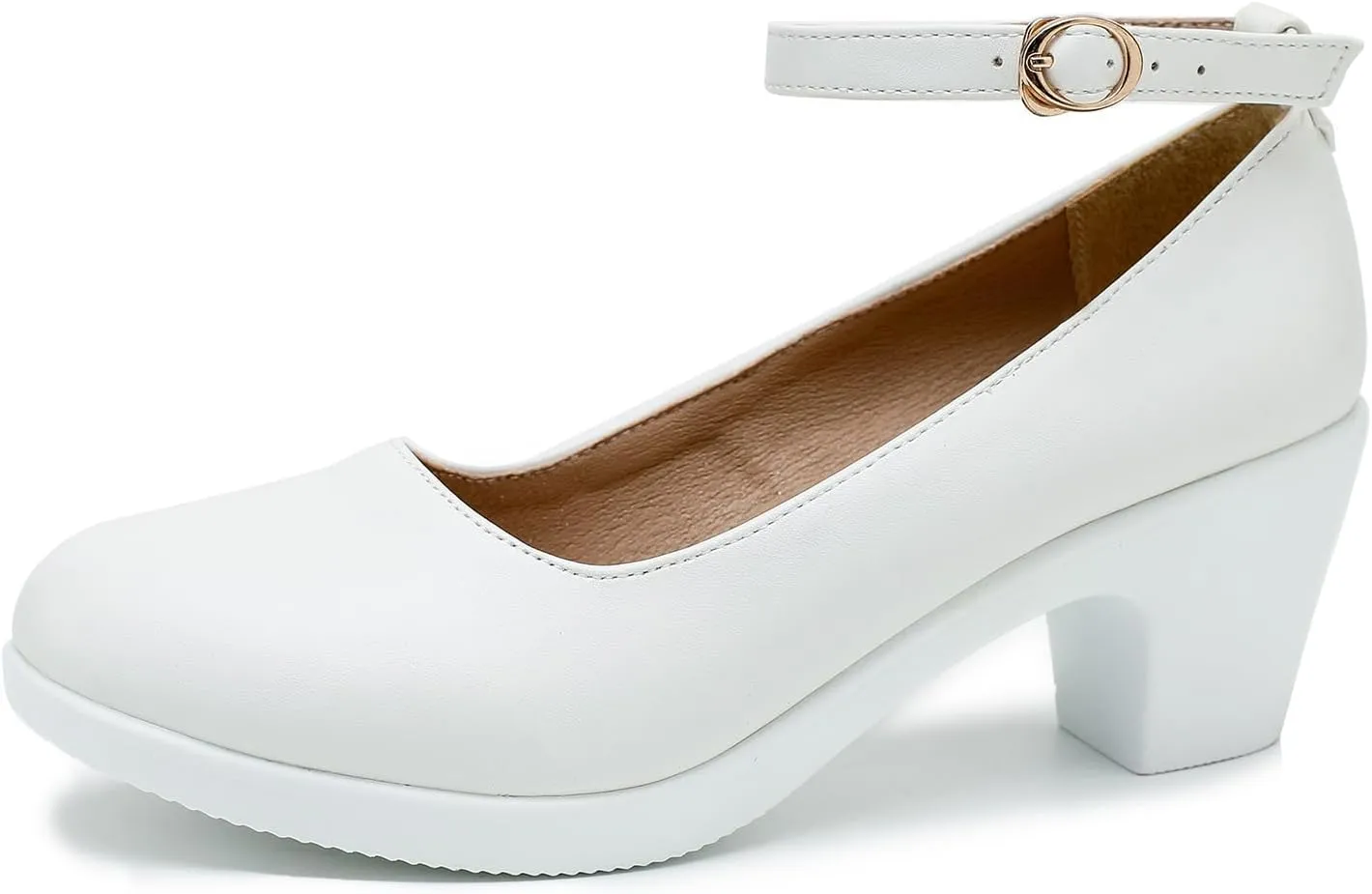 LIURUIJIA Women's Chunky Low Block Heels Mary Jane Closed Toe Work Pumps Ankle Strap Comfortable Round Toe Dress Wedding Work Shoes White