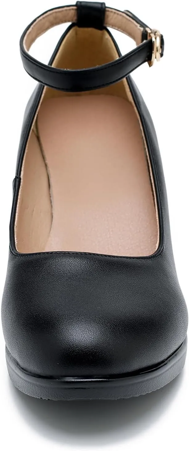 LIURUIJIA Women's Chunky Low Block Heels Mary Jane Closed Toe Work Pumps Ankle Strap Comfortable Round Toe Dress Wedding Work Shoes