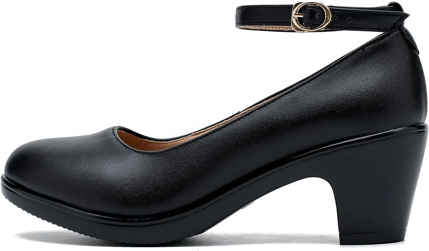 LIURUIJIA Women's Chunky Low Block Heels Mary Jane Closed Toe Work Pumps Ankle Strap Comfortable Round Toe Dress Wedding Work Shoes
