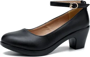 LIURUIJIA Women's Chunky Low Block Heels Mary Jane Closed Toe Work Pumps Ankle Strap Comfortable Round Toe Dress Wedding Work Shoes
