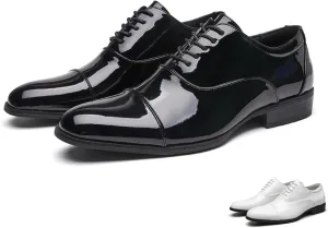 Men's Patent Leather Lace-Up Tuxedo Dress Shoes Fashion Classic Cap Toe Low Top Oxford Shoes Casual Business Wedding Formal Shoes