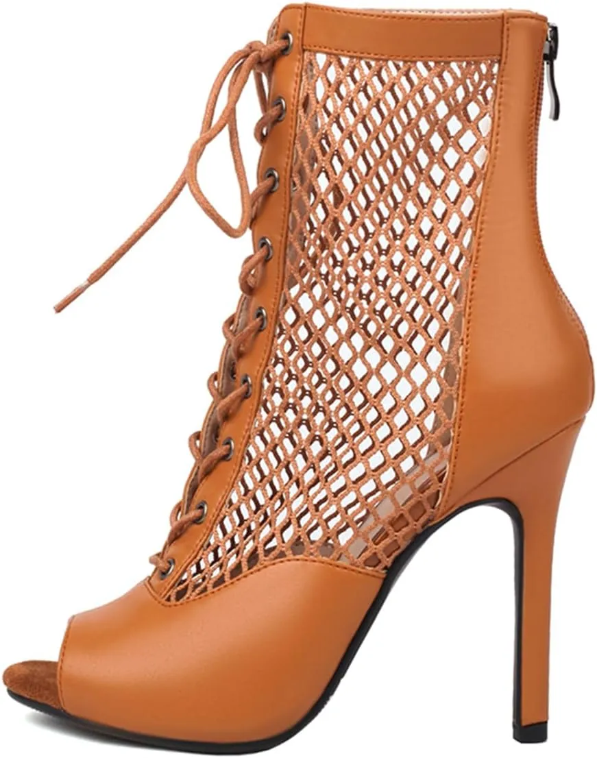 MRKEWUNEY Classic Womens Gladiator Booties Lace Up Stiletto Heels Booties Peep Toe Ankle Boots