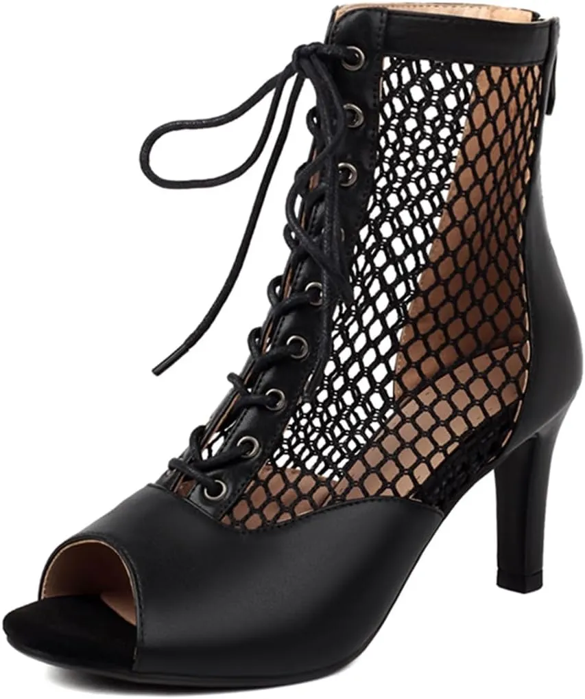 MRKEWUNEY Classic Womens Gladiator Booties Lace Up Stiletto Heels Booties Peep Toe Ankle Boots