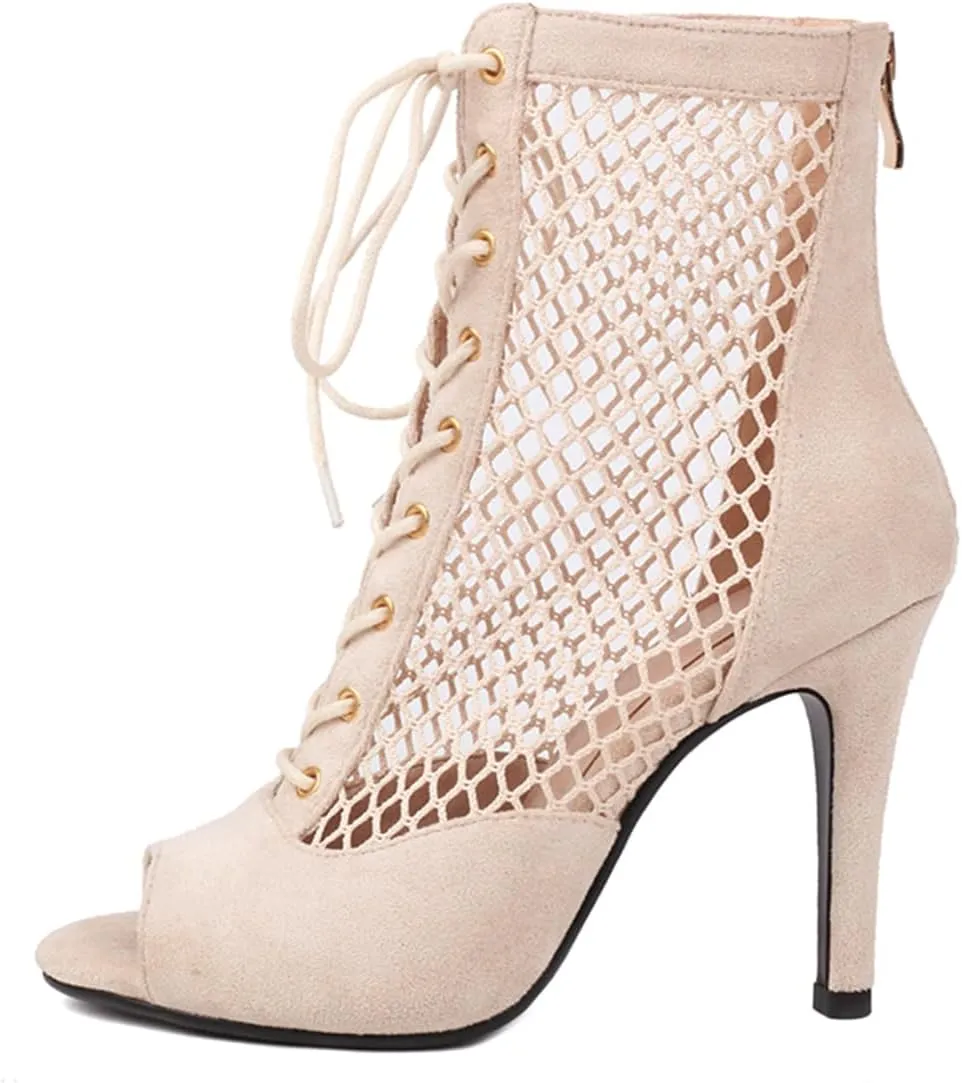 MRKEWUNEY Classic Womens Gladiator Booties Lace Up Stiletto Heels Booties Peep Toe Ankle Boots