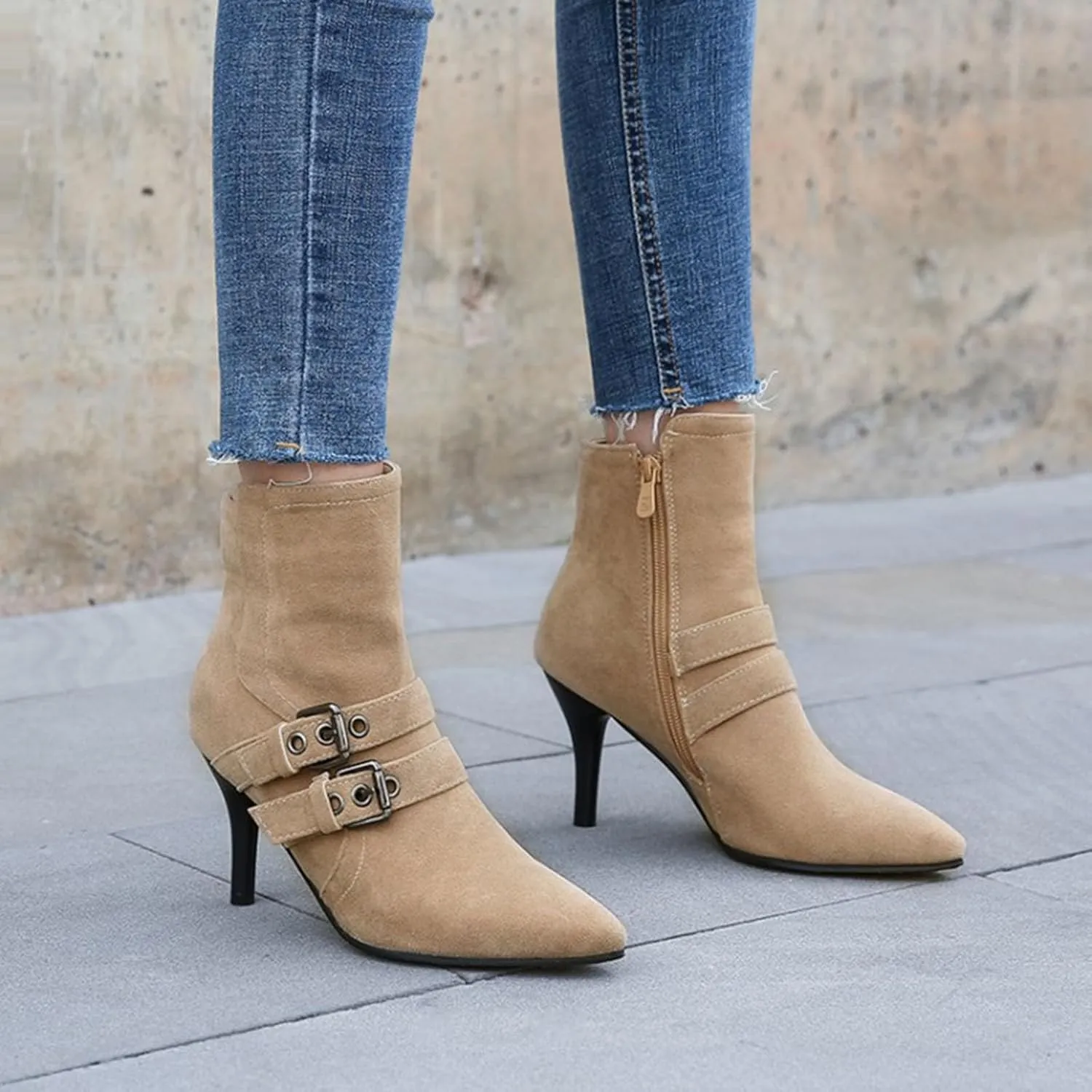 Myallfeet Women's Suede Thin Heeled Pointed High Heeled Short Boots Classic Sexy Side Zipper Comfortable Ankle Boots