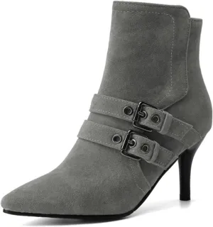 Myallfeet Women's Suede Thin Heeled Pointed High Heeled Short Boots Classic Sexy Side Zipper Comfortable Ankle Boots