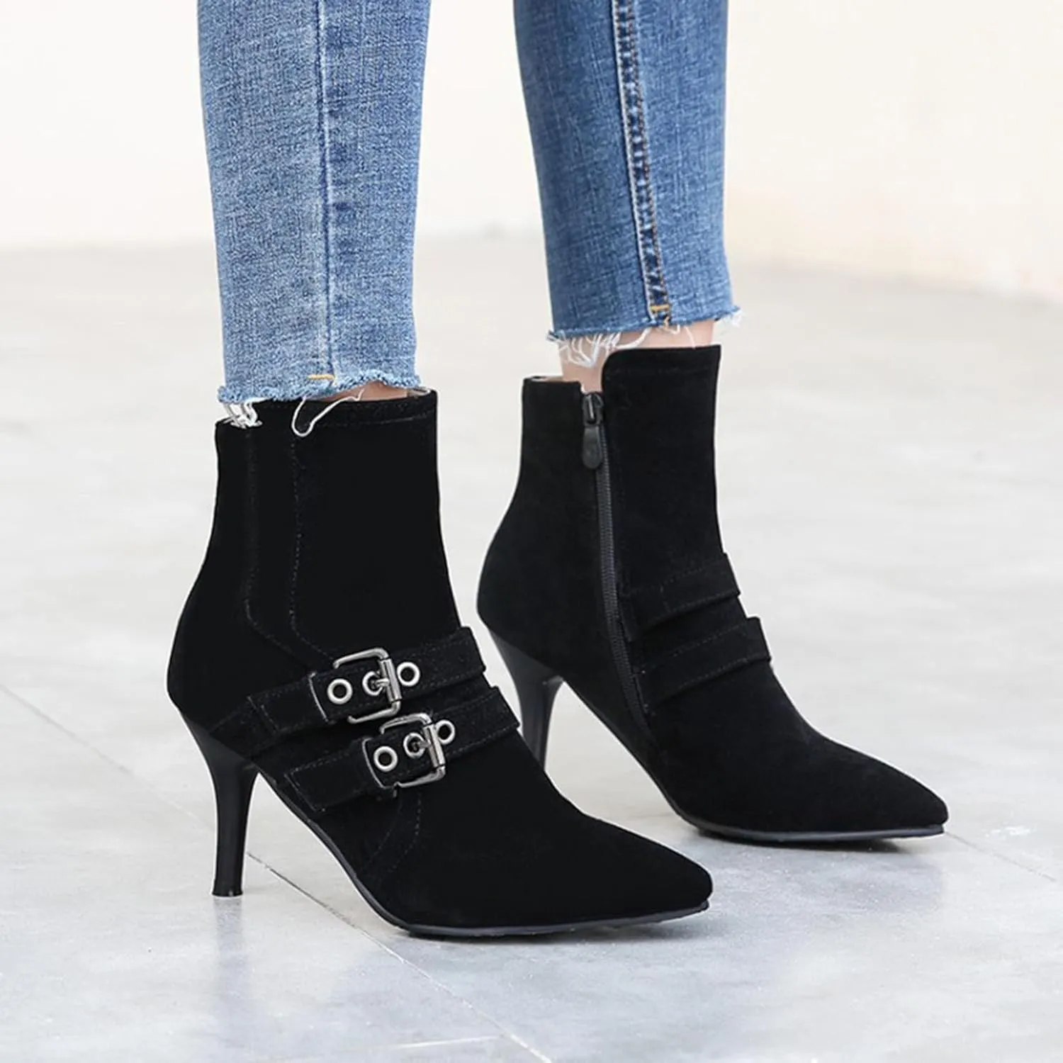 Myallfeet Women's Suede Thin Heeled Pointed High Heeled Short Boots Classic Sexy Side Zipper Comfortable Ankle Boots